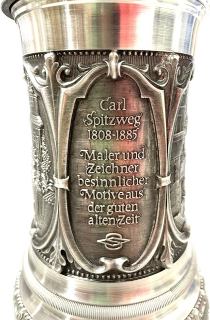 SALE Famous German Romanticist Painter Carl Spitzweg Prachthumpen Pewter Stein, 0.6L | FRONT PANEL: “Carl Spitzweg 1808-1885. Maler und Zeichner besinnlicher Motive aus der guten alten Zeit”. TRANSLATION:  "Painter and illustrator contemplative motifs from the good old days". | Lindenhaus Imports in Helen, Ga SALE Famous German Romanticist Painter Carl Spitzweg Prachthumpen Pewter Stein, 0.6L | FRONT PANEL: “Carl Spitzweg 1808-1885. Maler und Zeichner besinnlicher Motive aus der guten alten Zeit”. TRANSLATION:  "Painter and illustrator contemplative motifs from the good old days". | Lindenhaus Imports in Helen, Ga
