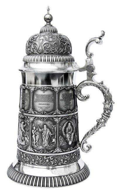 'The Lord's Creation' Solid Pewter Stein, 1.75L | In the top portion of each panel, verses from the bible appear in German with a beautifully rendered illustration of the verse below. |  Lindenhaus Imports in Helen, Ga 'The Lord's Creation' Solid Pewter Stein, 1.75L | In the top portion of each panel, verses from the bible appear in German with a beautifully rendered illustration of the verse below. |  Lindenhaus Imports in Helen, Ga