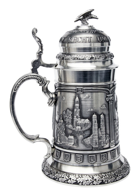 SALE Deutschland Famous Landmarks Pewter Stein with 3D Eagle, 0.9L | LEFT: Zwinger in Dresden, Michaeliskirche in Hamburg, and Frauenkirche in Munich | Lindenhaus Imports in Helen, Ga SALE Deutschland Famous Landmarks Pewter Stein with 3D Eagle, 0.9L | LEFT: Zwinger in Dresden, Michaeliskirche in Hamburg, and Frauenkirche in Munich | Lindenhaus Imports in Helen, Ga