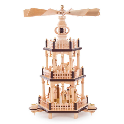Authentic German Pyramids ON SALE! | Features 3 sheep and 2 angels on the middle rotor, hand-carved nativity figures including the Three Wise Men, Angel, Mary, Joseph, and Baby Jesus on the bottom rotor, and 4 brass candle holders. USE: Place the candle in the designated holders on the pyramid. Heat from the candle will slowly cause the blades to rotate. | 3-Tier Nativity Pyramid, 13" 085/P/202/D | Handmade in the Erzgebirge region of Seiffen, Germany | Lindenhaus Imports in Helen, Ga Authentic German Pyramids ON SALE! | Features 3 sheep and 2 angels on the middle rotor, hand-carved nativity figures including the Three Wise Men, Angel, Mary, Joseph, and Baby Jesus on the bottom rotor, and 4 brass candle holders. USE: Place the candle in the designated holders on the pyramid. Heat from the candle will slowly cause the blades to rotate. | 3-Tier Nativity Pyramid, 13" 085/P/202/D | Handmade in the Erzgebirge region of Seiffen, Germany | Lindenhaus Imports in Helen, Ga