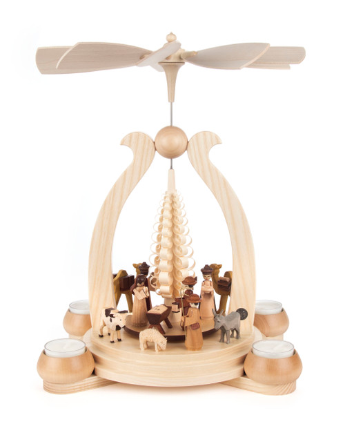 Authentic German Pyramids ON SALE! | Features: the Three Wisemen and their gifts, Mary, Joseph, and Jesus in the manger on the rotor, handcarved animals and the Shepard outlining the bottom; hand-carved tree shaving in the middle. USE: Place the candle in the designated holders on the pyramid. Heat from the candle will slowly cause the blades to rotate. | 1-Tier Holy Night Nativity, 12" 085/P/520/D | Handmade in the Erzgebirge region of Seiffen, Germany | Lindenhaus Imports in Helen, Ga Authentic German Pyramids ON SALE! | Features: the Three Wisemen and their gifts, Mary, Joseph, and Jesus in the manger on the rotor, handcarved animals and the Shepard outlining the bottom; hand-carved tree shaving in the middle. USE: Place the candle in the designated holders on the pyramid. Heat from the candle will slowly cause the blades to rotate. | 1-Tier Holy Night Nativity, 12" 085/P/520/D | Handmade in the Erzgebirge region of Seiffen, Germany | Lindenhaus Imports in Helen, Ga