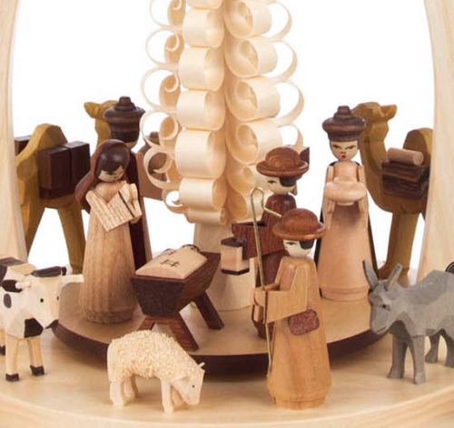 Authentic German Pyramids ON SALE! | Features: the Three Wisemen and their gifts, Mary, Joseph, and Jesus in the manger on the rotor, handcarved animals and the Shepard outlining the bottom; hand-carved tree shaving in the middle. USE: Place the candle in the designated holders on the pyramid. Heat from the candle will slowly cause the blades to rotate. | 1-Tier Holy Night Nativity, 12" 085/P/520/D | Handmade in the Erzgebirge region of Seiffen, Germany | Lindenhaus Imports in Helen, Ga Authentic German Pyramids ON SALE! | Features: the Three Wisemen and their gifts, Mary, Joseph, and Jesus in the manger on the rotor, handcarved animals and the Shepard outlining the bottom; hand-carved tree shaving in the middle. USE: Place the candle in the designated holders on the pyramid. Heat from the candle will slowly cause the blades to rotate. | 1-Tier Holy Night Nativity, 12" 085/P/520/D | Handmade in the Erzgebirge region of Seiffen, Germany | Lindenhaus Imports in Helen, Ga