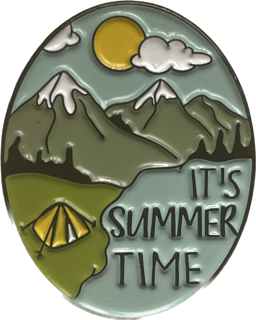 Hat/Lapel Pins ON SALE | 'It's Summer Time' Hat Pin featuring mountains, blue sky with clouds, green grass, a tent, and lake. | Lindenhaus Imports in Helen, Ga
