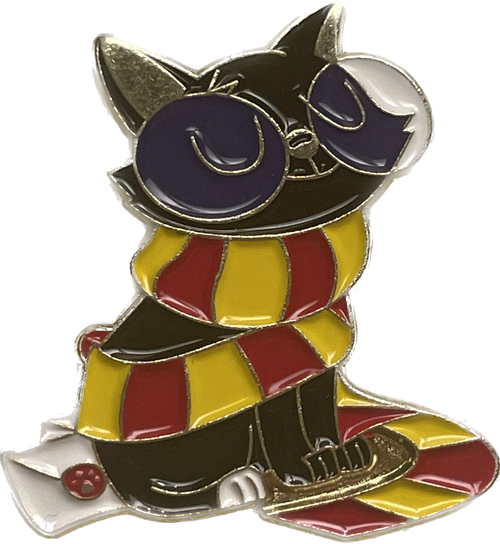 Features: black Cat with scarf, glasses, and letter sealed with paw print. || Black Cat with Scarf and Glasses Hat Pin HP-16