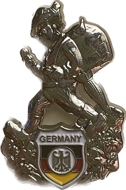 Hat/Lapel Pins ON SALE | Bavarian Hiker with Germany-Deutschland Crest and Edelweiss Flowers Pin | Lindenhaus Imports in Helen, Ga