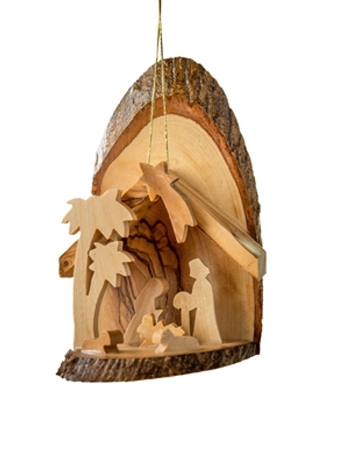 Hand-Carved Olivewood ON SALE | Bark Slice Grotto with Nativity Scene under 2 Palms, 4.5" | Lindenhaus Imports in Helen, Ga