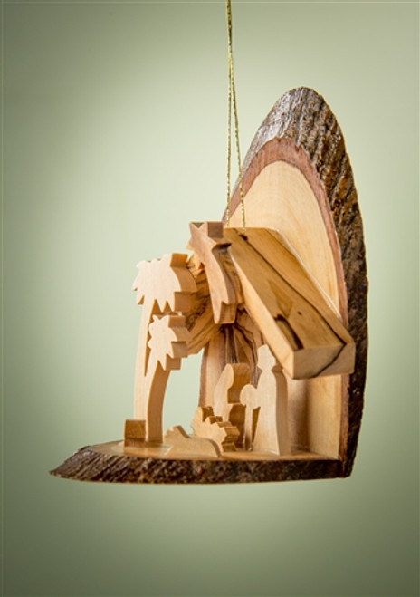 Olivewood Bark Slice Grotto Ornament with Nativity Scene under 2 Palm Trees Olivewood Bark Slice Grotto Ornament with Nativity Scene under 2 Palm Trees