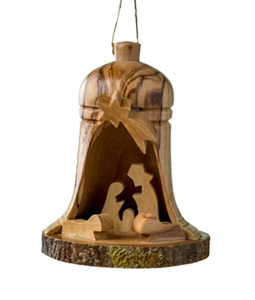 Hand-Carved Olivewood from Bethlehem ON SALE | Bell Shaped Grotto Ornament with Nativity Scene and Bark Base, 2.5" | Lindenhaus Imports in Helen, Ga