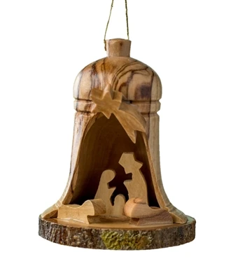 Nativity Bell-Shaped Olivewood Ornament | Made in Israel - Bethlehem E18b
