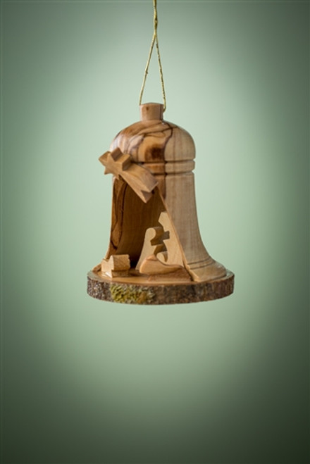 Nativity under Shooting Star Bell-Shaped Grotto Olivewood Ornament with Bark Base