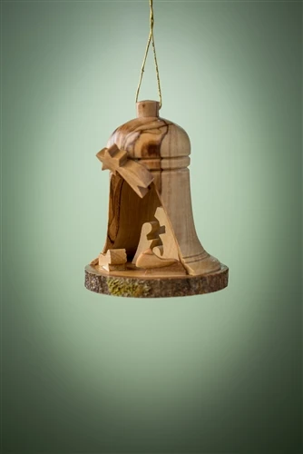 Nativity Bell-Shaped Olivewood Ornament