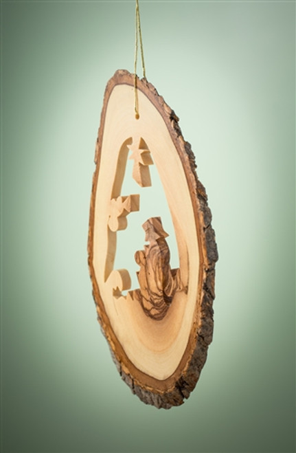 'Bethlehem' Nativity Olivewood Bark Slice Ornament with Angel & Star 'Bethlehem' Nativity Olivewood Bark Slice Ornament with Angel & Star