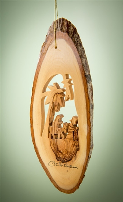 'Bethlehem' Flight to Egypt Olivewood Bark Slice Ornament with Palm Tree & Shooting Star 'Bethlehem' Flight to Egypt Olivewood Bark Slice Ornament with Palm Tree & Shooting Star