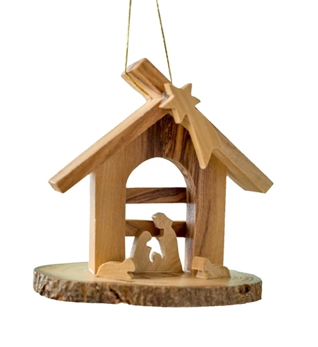 Stable Nativity Scene with Round Olivewood Bark Base Ornament | Made in Israel - Bethlehem E17