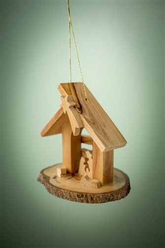 Stable Nativity Scene with Round Olivewood Bark Base Ornament
