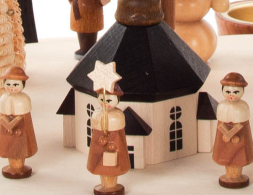 Bottom rotor featuring Church, Choir, trees, and Snowman that rotates | 3-Tier Wolkenzauber (Winter Magic), 15" 085/P/843/D/N | Handmade in the Erzgebirge region of Seiffen, Germany | Lindenhaus Imports in Helen, Ga