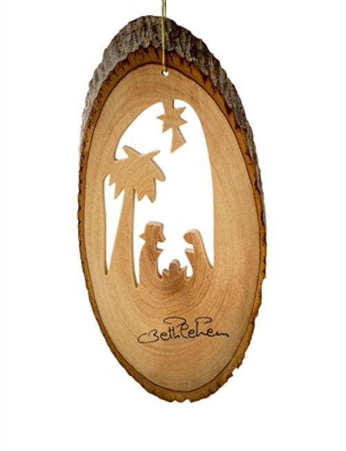 Hand-Carved Olivewood from Israel ON SALE | Bark Slice Ornament with Nativity Scene under Palm and Star, 4" | Lindenhaus Imports in Helen, Ga