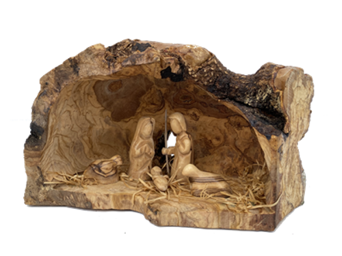 Hand-Carved Olivewood from Israel ON SALE | 1-Piece Solid Branch Grotto with Modern Nativity Figures, 6" | Lindenhaus Imports in Helen, Ga