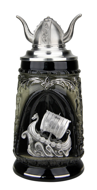 Nordic Viking Ship Grotto German Beer Stein with 3D Viking Helmet Pewter Lid 337SSH