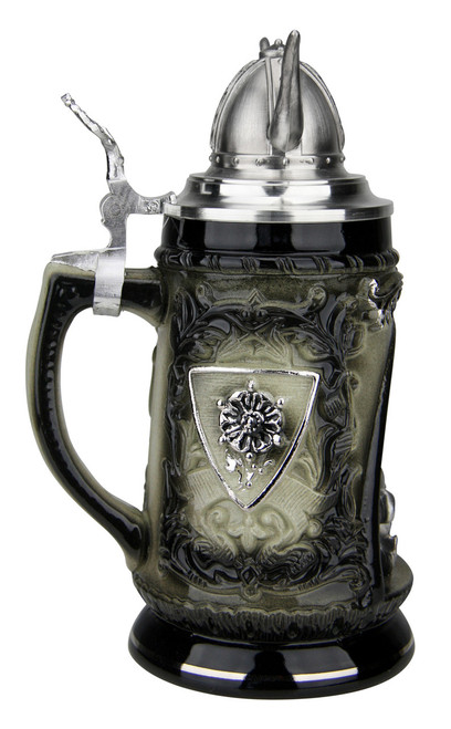 Side view features 2.75"H recessed Viking ship in center, a 3.94-inch high solid-pewter lid in the shape of the iconic Viking helmet, and accented with embossed Nordic symbols Side view features 2.75"H recessed Viking ship in center, a 3.94-inch high solid-pewter lid in the shape of the iconic Viking helmet, and accented with embossed Nordic symbols