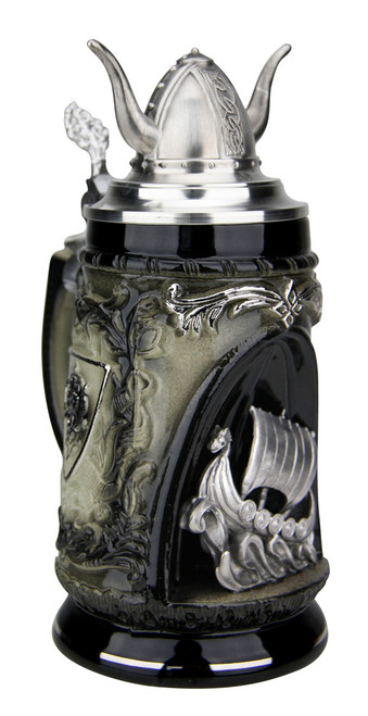 Side view features 2.75"H recessed Viking ship in center, a 3.94-inch high solid-pewter lid in the shape of the iconic Viking helmet, and accented with embossed Nordic symbols Side view features 2.75"H recessed Viking ship in center, a 3.94-inch high solid-pewter lid in the shape of the iconic Viking helmet, and accented with embossed Nordic symbols