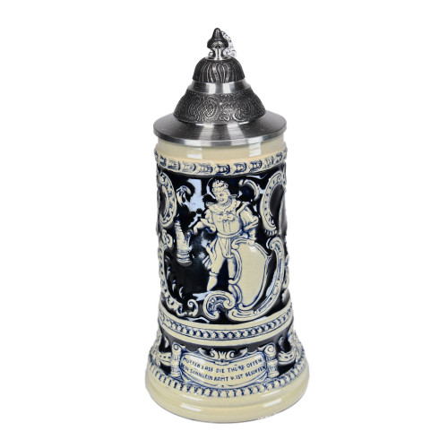 Thewalt 1893 'Fridolin the Drunken Son' Beer Stein T1341/EZ | The center panel depicts "Fridolin the Drunken Son" and the inscription translates as follows:
German: "Mutter lass die Tuere offen, Dein Soehnlein komt and ist besoffe"
English: "Dear mother, leave the door unlocked. Your sonny-boy