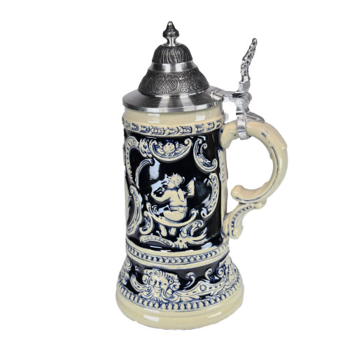 Features shield and cherubs with musical instruments on both sides
