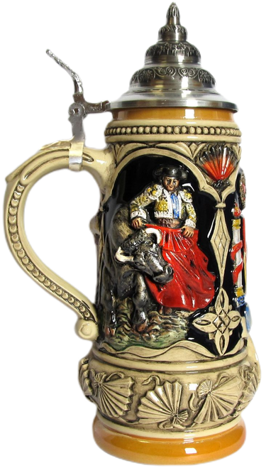 Side view showcasing a classic matador with a bull and red cape