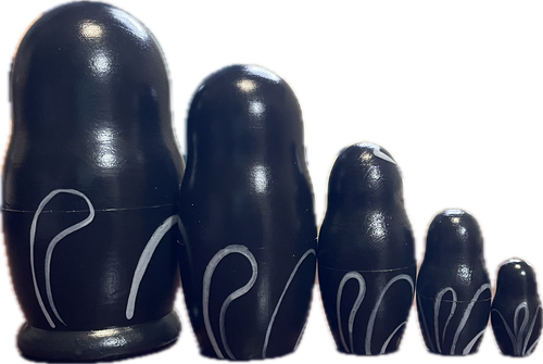 Handcrafted Matryoshka Stackable Nesting Dolls ON SALE! | BACK: 5 stackable wooden black cat dolls with yellow eyes, pink nose, and hand-painted white whiskers | Mini Black Cat Matryoshka, 4.5" | Lindenhaus Imports in Helen, Ga