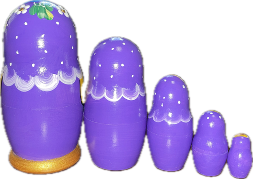 BACK: 5 mini purple stackable dolls with a gold glittered base and hand-painted white design in the middle || 5-Piece Mini Purple Matryoshka with Hand-Painted Basket of Flowers, 4" Nesting Doll MS0502AvdM-04 / L-20