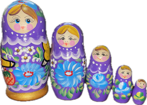 FRONT: 5 mini purple stackable dolls with bright blue eyes, blonde /brown hair, a gold glittered base, and hand-painted light blue and white flowers | 5-Piece Mini Purple Matryoshka with Hand-Painted Basket of Flowers, 4" Nesting Doll MS0502AvdM-04 / L-20