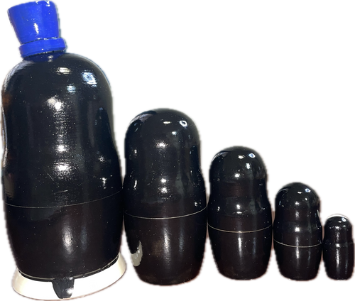 Handcrafted Matryoshka Stackable Nesting Dolls ON SALE! | BACK: 5 stackable wooden black and white penguin dolls with bright blue eyes, orange beak, a hand-painted blue and white polka-dot bow and 3D blue hat on the largest piece | Penguin Matryoshka with Blue Top Hat, 7" | Lindenhaus Imports in Helen, Ga Handcrafted Matryoshka Stackable Nesting Dolls ON SALE! | BACK: 5 stackable wooden black and white penguin dolls with bright blue eyes, orange beak, a hand-painted blue and white polka-dot bow and 3D blue hat on the largest piece | Penguin Matryoshka with Blue Top Hat, 7" | Lindenhaus Imports in Helen, Ga
