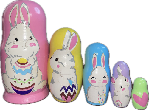 Handcrafted Matryoshka Stackable Nesting Dolls ON SALE! | FRONT: 5 colorful stackable wooden dolls with individually unique hand-painted bunny characters with Easter Eggs on the front of the first 4 and a heart on the last, smallest piece | Easter Bunny Matryoshka, 6" | Lindenhaus Imports in Helen, Ga Handcrafted Matryoshka Stackable Nesting Dolls ON SALE! | FRONT: 5 colorful stackable wooden dolls with individually unique hand-painted bunny characters with Easter Eggs on the front of the first 4 and a heart on the last, smallest piece | Easter Bunny Matryoshka, 6" | Lindenhaus Imports in Helen, Ga