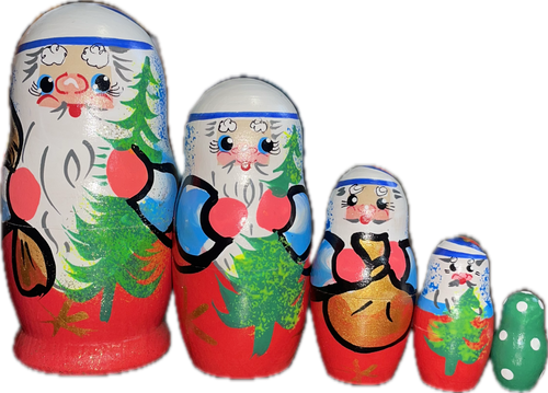 FRONT: 5-piece stackable wooden dolls featuring individually unique hand-painted Santas with bright blue eyes | Mini Santa Matryoshka with Tree, 4" MD0502-100 / L-32 FRONT: 5-piece stackable wooden dolls featuring individually unique hand-painted Santas with bright blue eyes | Mini Santa Matryoshka with Tree, 4" MD0502-100 / L-32