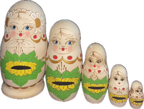 FRONT: 5 mini wood-burned stackable dolls with bright blue eyes, rosie cheeks, wood-burned flowers with brightly colored yellow sunflowers with gold and red accents on back. || 5-Piece Mini Wood-Burned Matryoshka with Sunflower, 4" Nesting Doll MS0502bw-12 / L-38