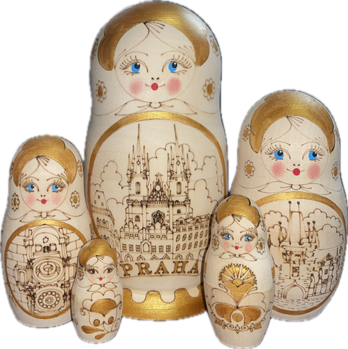 Handcrafted Matryoshka Stackable Nesting Dolls ON SALE! | FRONT: 5 wood-burned stackable dolls with bright blue eyes, rosie cheeks, a gold crown, and the city of Prague wood-burned on the front with flowers and gold accents | Wood-Burned 'City of Prague' Matryoshka, 6" LIND-42 | Lindenhaus Imports in Helen, Ga