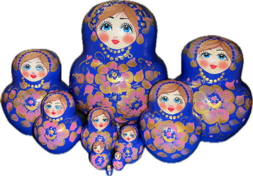 Handcrafted Matryoshka Stackable Nesting Dolls ON SALE! | FRONT: 10 curved navy stackable wooden dolls with bright blue eyes, brown/blonde hair, rosie cheeks, and hand-painted gold and pink flowers | Curved Navy Matryoshka with Hand-Painted Flowers. 4" LIND-44 | Lindenhaus Imports in Helen, Ga