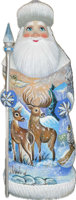 Authentic Christmas Santas ON SALE! | FRONT features hand-painted deer, stag, and owl with mountains and snow | 2-Piece Handcarved Wooden Santa with Stag and 3D  Toy Bag, 10" RSLI-01 | Lindenhaus Imports in Helen, Ga