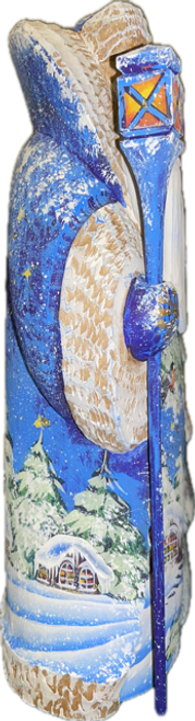 Handcrafted Christmas Santas ON SALE! LEFT SIDE features winter scene village with a house, snow, a blue, starry night right, & Santa holding his brightly colored staff in left hand | 2-Piece Handcarved Wooden Santa with Winter Scene and 3D Owl, 9.5" RSLI-02 | Lindenhaus Imports in Helen, Ga