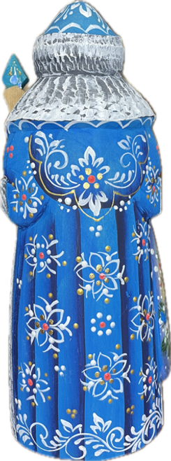 Handcarved Wooden Christmas Santas ON SALE! | BACK: This colorful Santa Claus features friendly blue eyes and an intricately painted blue base coat with an incredible amount of detail work in the hand-painted Snowmaiden on the front and 2 birds on his toy bag. 
The staff is individually pegged and removable for safe shipping and storage. | 2-Piece Santa with Snowmaiden, 8" RSLI-16 | Lindenhaus Imports in Helen, Ga