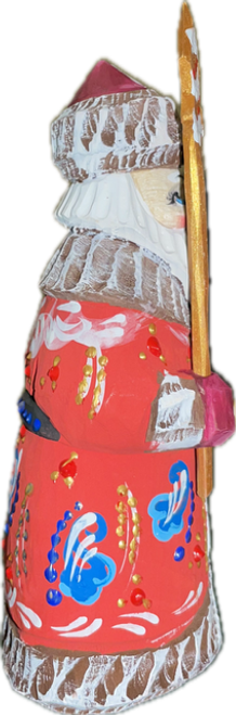 Handcrafted Wooden Christmas Santas ON SALE! | LEFT: This colorful Santa Claus features friendly blue eyes and an intricately painted red base coat, burgundy mittens and hat with an incredible amount of detail work to his staff and toy bag. The staff is individually pegged and removable for safe shipping and storage. | Mini Red & Burgundy 2-Piece Handcarved Wooden Santa with Short Staff and Toy Bag, 5" RSLI-08 | Lindenhaus Imports in Helen, Ga