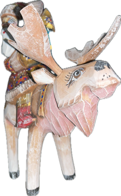 Handcrafted Wooden Christmas Santas ON SALE! | Features an intricately-painted red base coat Santa on his elk with an incredible amount of detail work. | 3-Piece Handcarved Wooden Santa with Turquoise Toy Bag on Elk, 8" | Lindenhaus Imports in Helen, Ga
