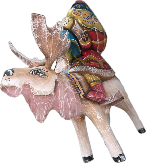 Handcrafted Wooden Christmas Santas ON SALE! | Features an intricately-painted red base coat Santa on his elk with an incredible amount of detail work. | 3-Piece Handcarved Wooden Santa with Turquoise Toy Bag on Elk, 8" | Lindenhaus Imports in Helen, Ga