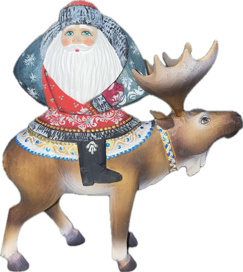 Handcrafted Wooden Christmas Santas ON SALE! | Features an intricately-painted red base coat Santa with an incredible amount of detail work to his toy bag with hand-painted birds and handcarved elk. | 3-Piece Handcarved Wooden Santa on Elk with Birds, 8" | Lindenhaus Imports in Helen, Ga