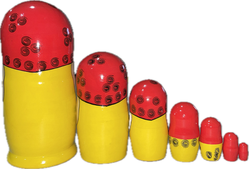 BACK: 7 classic yellow and red stackable wooden dolls with bright blue eyes, blonde hair, rosie cheeks, and hand-painted red tulips. || 7-Piece Classic Matryoshka with Blooming Tulips, 9" Nesting Doll MS07ry / L-46