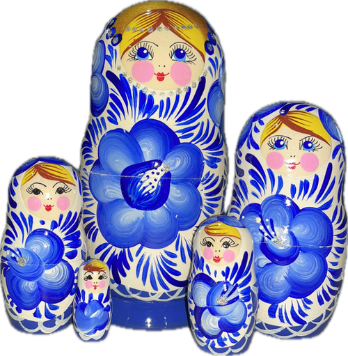 Handcrafted Matryoshka Dolls ON SALE! | FRONT: 5-piece stackable wooden dolls with hand-painted flowers | Blue Matryoshka with White Apron & Hand-Painted Flowers, 6" LIND-49 | Lindenhaus Imports in Helen, Ga