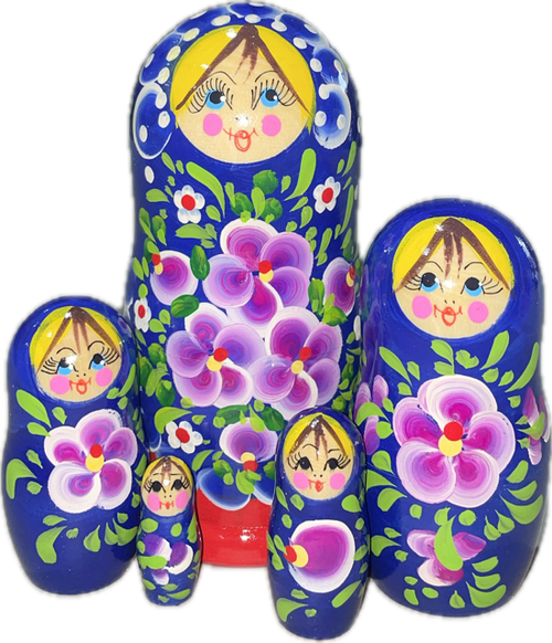 Handcrafted Matryoshka Stackable Nesting Dolls ON SALE! | FRONT: 5 blue & red handcarved wooden dolls with hand-painted purple violet flowers | Blue and Red Matryoshka with Hand-Painted Purple Violets, 6" LIND-51 | Lindenhaus Imports in Helen, Ga