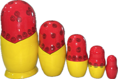 BACK view of 5 individual yellow and red matryoshka stackable nesting dolls with red hand-painted tulips and green leaves. Large, outer piece is approximately 7" tall. || Item number L-54 MS0504ry BACK view of 5 individual yellow and red matryoshka stackable nesting dolls with red hand-painted tulips and green leaves. Large, outer piece is approximately 7" tall. || Item number L-54 MS0504ry