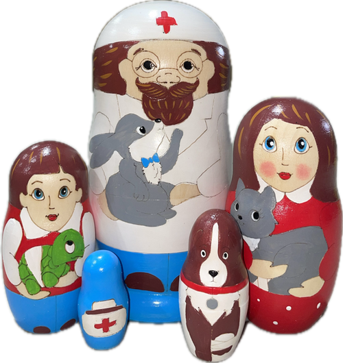 Handcrafted Matryoshka Stackable Nesting Dolls ON SALE! | FRONT:  5-piece stackable wooden dolls featuring hand-painted (1) doctor holding bunny, (2) woman holding a cat, (3) boy holding a turtle, (4) a brown and white dog, and (5) a red and white doctor's bag | 'Doctor Ouch' Matryoshka, 6" LIND-56 | Lindenhaus Imports in Helen, Ga