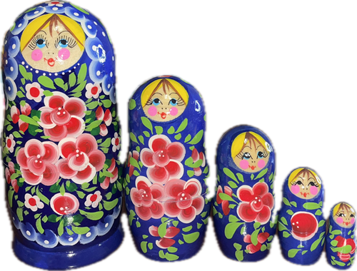 FRONT: 5 blue stackable, wooden dolls with hand-painted red flowers. || 5-Piece Blue Matryoshka with Red Hand-Painted Flowers, 6" Nesting Doll MS0503rojP-14 / L-59 FRONT: 5 blue stackable, wooden dolls with hand-painted red flowers. || 5-Piece Blue Matryoshka with Red Hand-Painted Flowers, 6" Nesting Doll MS0503rojP-14 / L-59